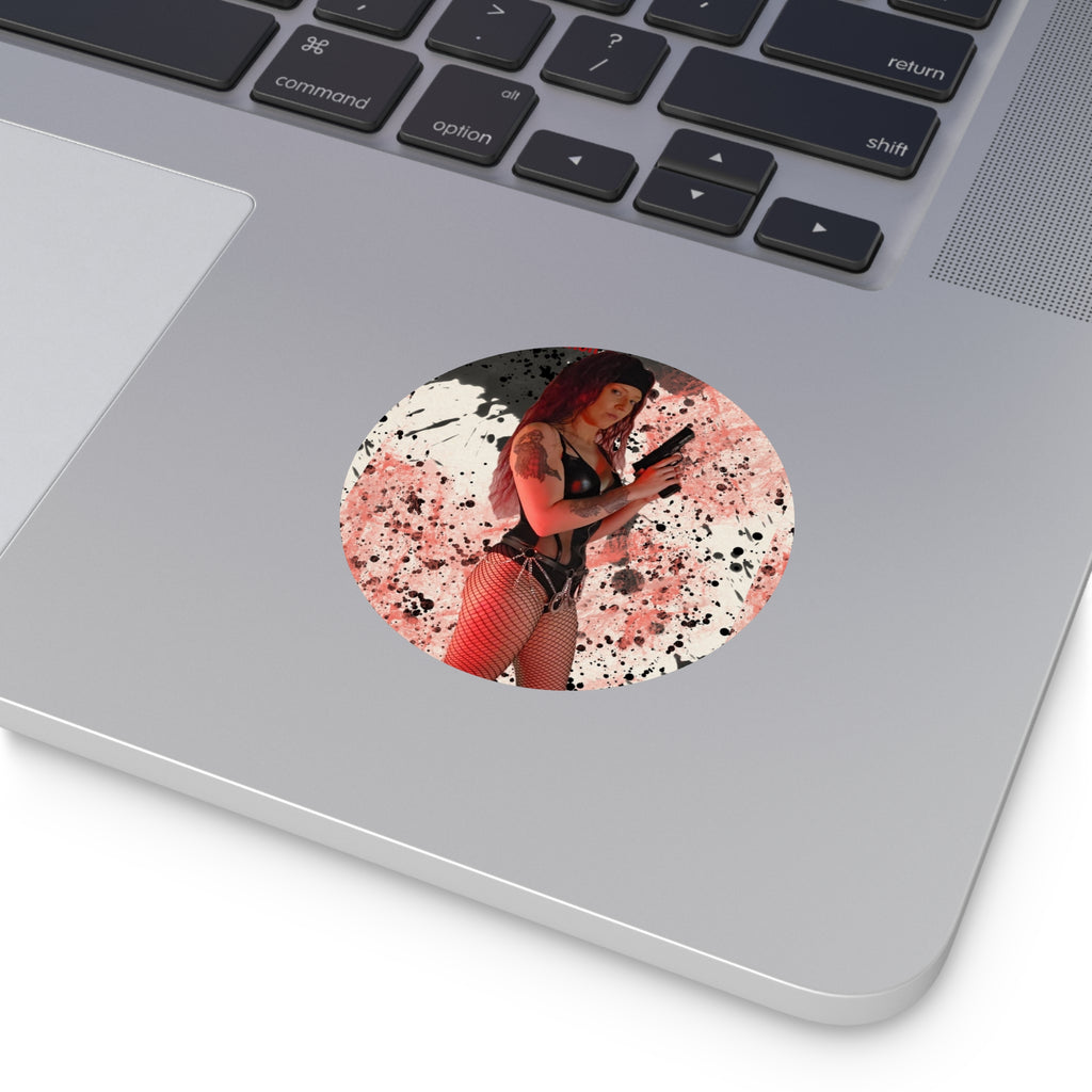 Witch Of Horror Round Vinyl Sticker — Femme Fatale Gun Girl on Splatter Background