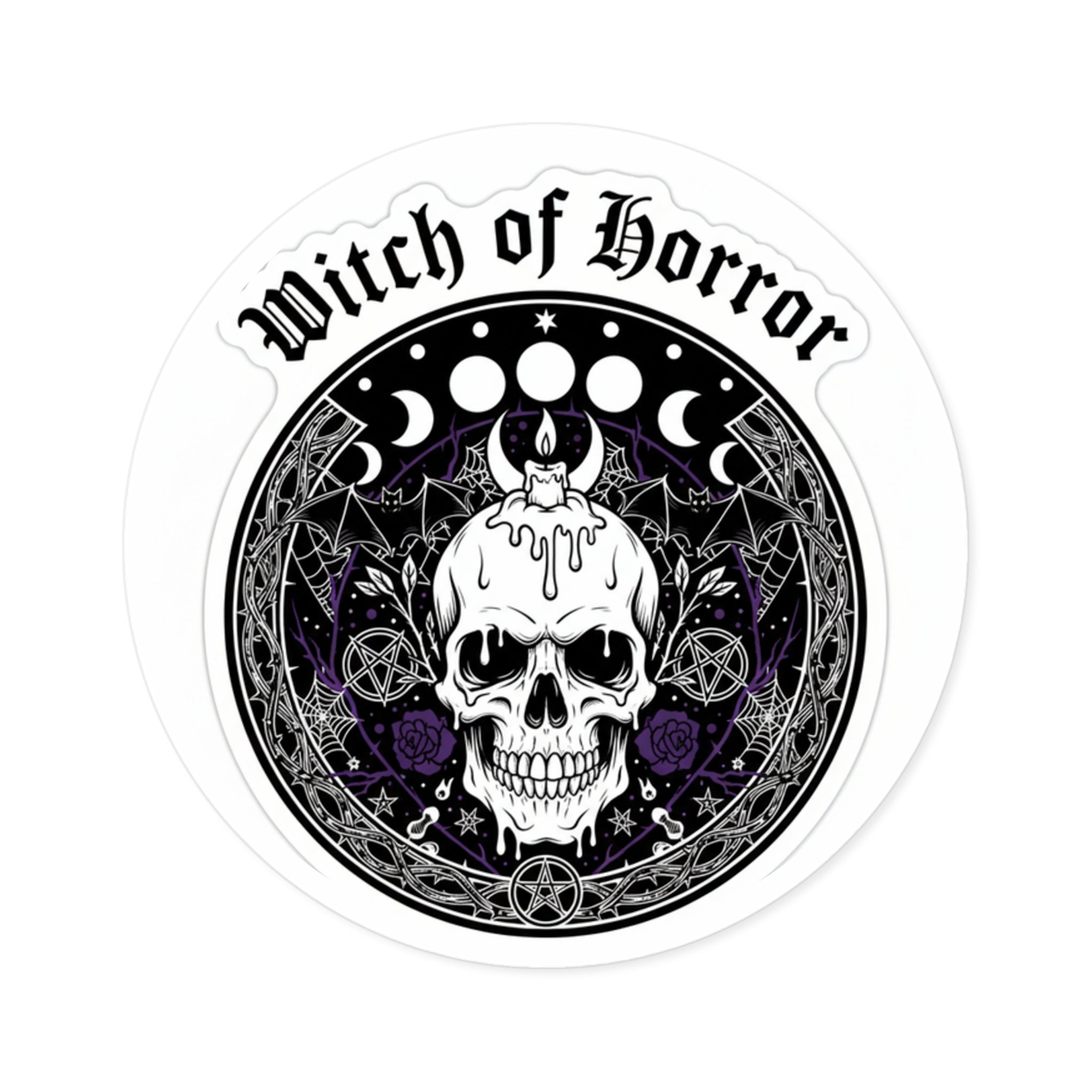 Witch of Horror Round Sticker — Gothic Skull & Moon Phase Design (Indoor/Outdoor)
