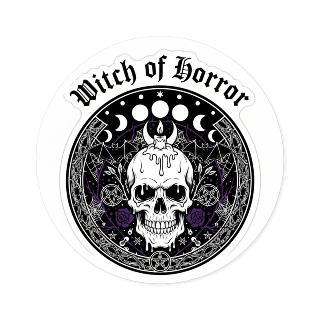 Witch of Horror Round Sticker — Gothic Skull & Moon Phase Design (Indoor/Outdoor)