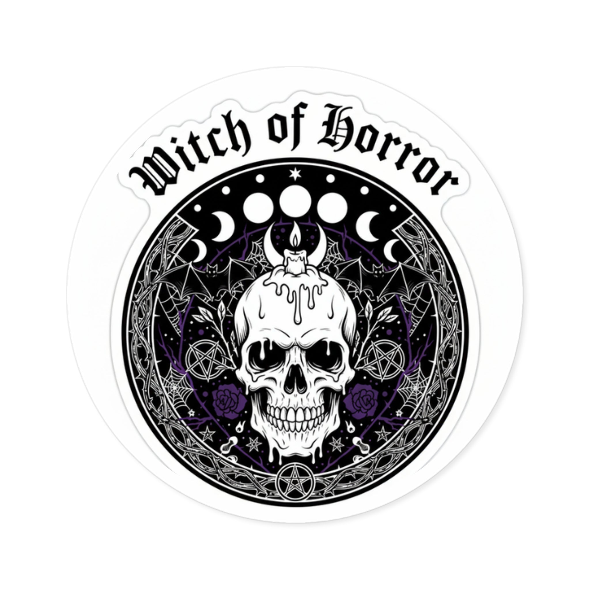 Witch of Horror Round Sticker — Gothic Skull & Moon Phase Design (Indoor/Outdoor)