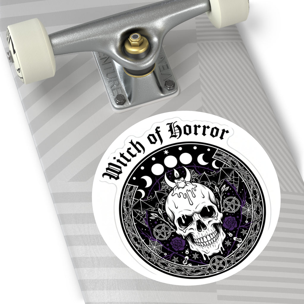 Witch of Horror Round Sticker — Gothic Skull & Moon Phase Design (Indoor/Outdoor)