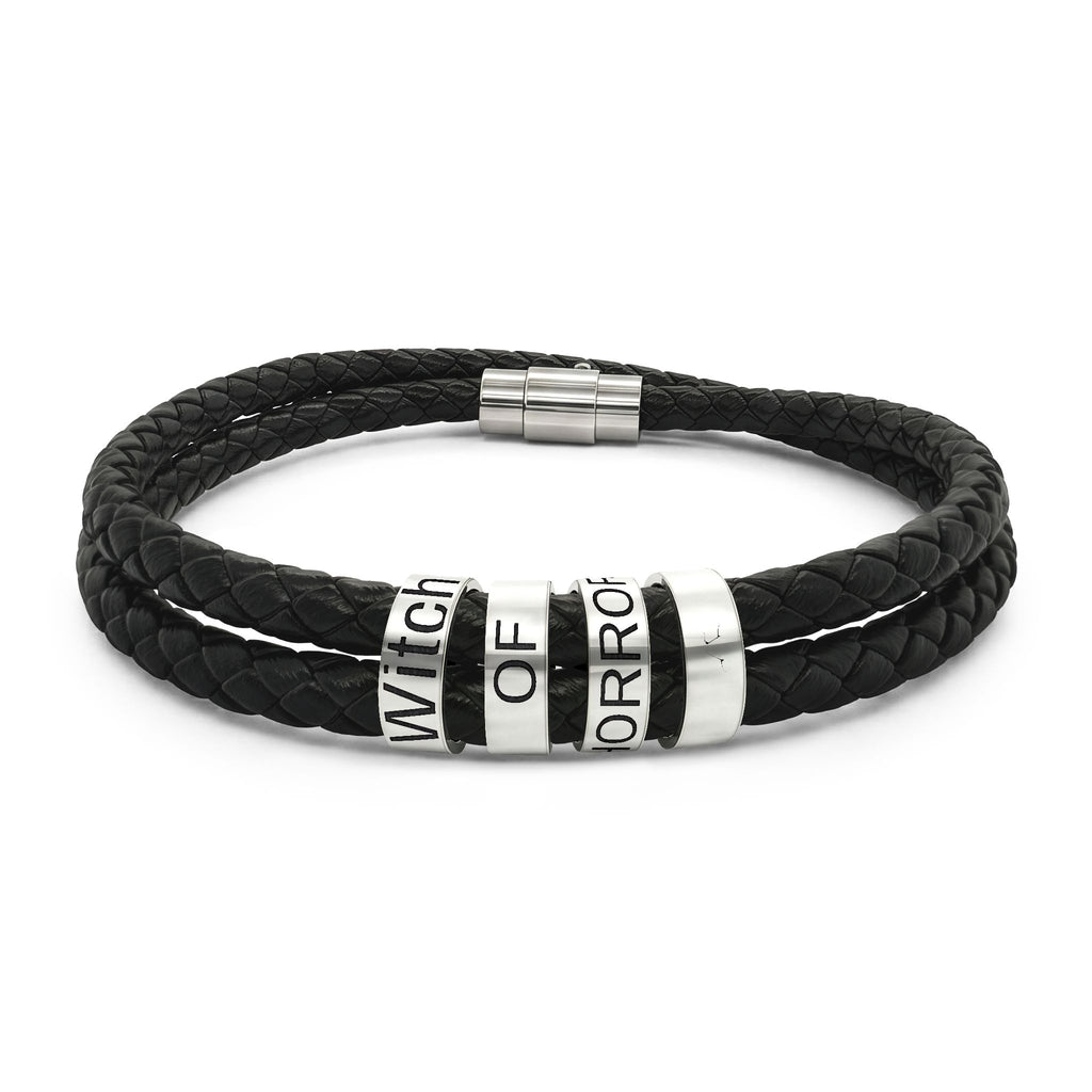 Engraved Leather Bead Bracelet — 'Witch of' Gothic Charm