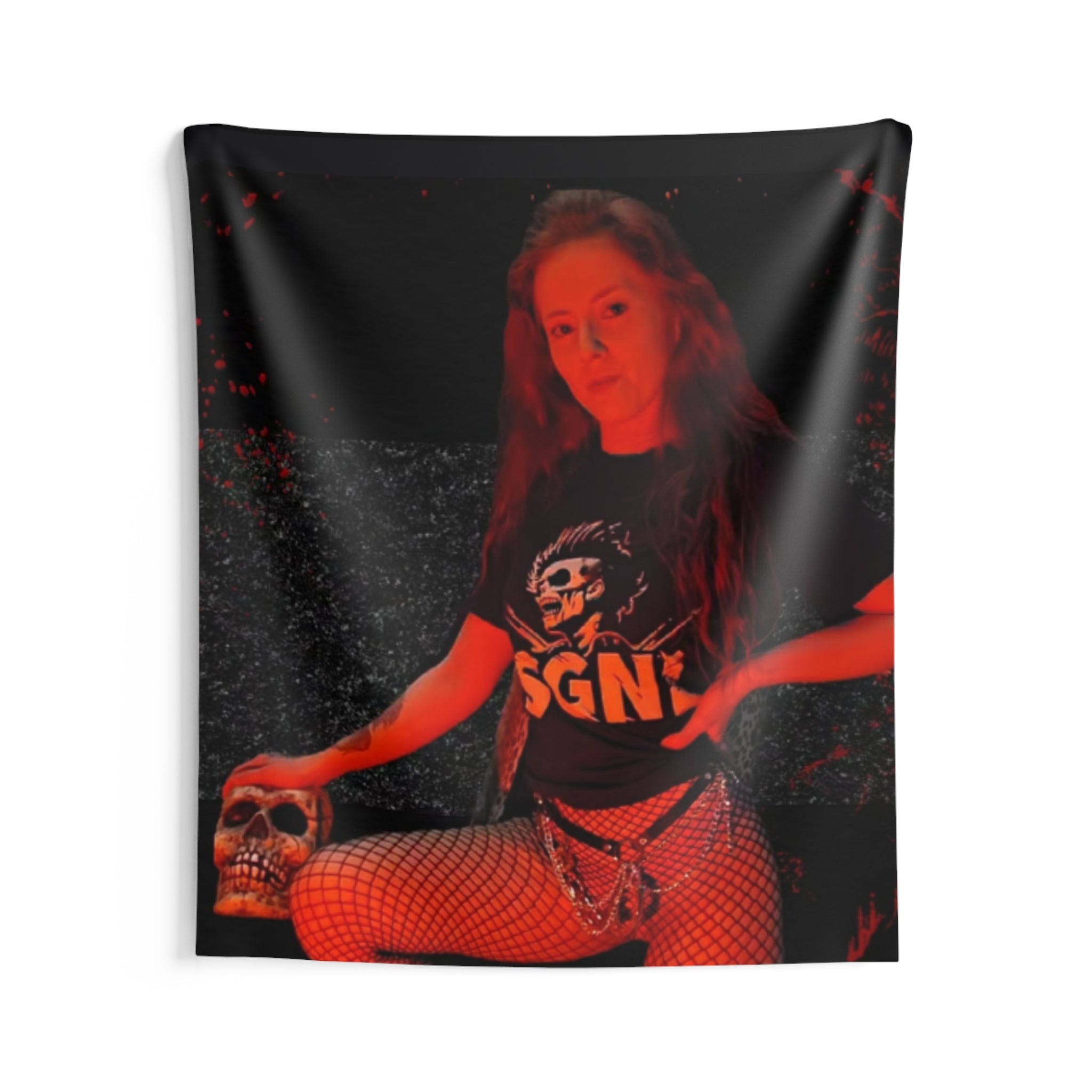 Gothic Red Portrait Tapestry — Skull 'SGN' Dark Aesthetic Wall Art