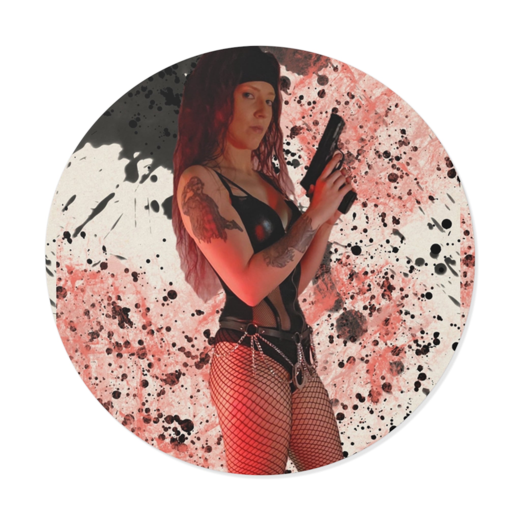 Witch Of Horror Round Vinyl Sticker — Femme Fatale Gun Girl on Splatter Background