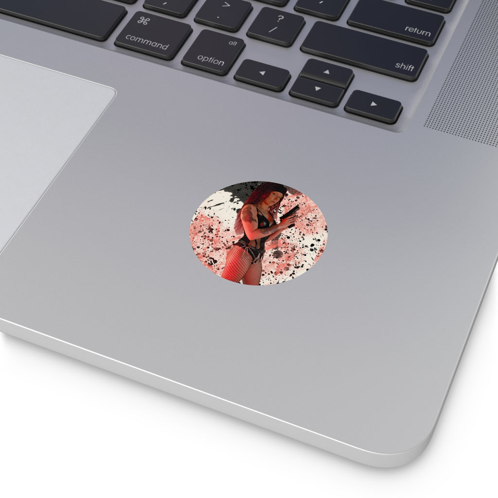 Witch Of Horror Round Vinyl Sticker — Femme Fatale Gun Girl on Splatter Background