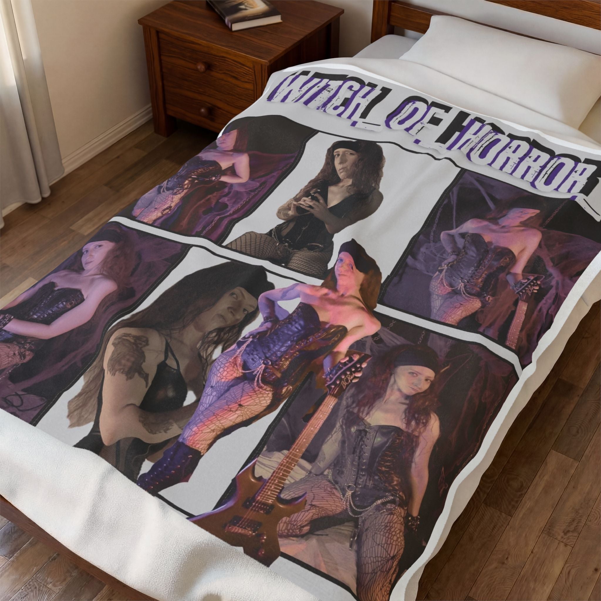 Witch of Horror Velveteen Plush Blanket – Gothic Pinup Collage Throw