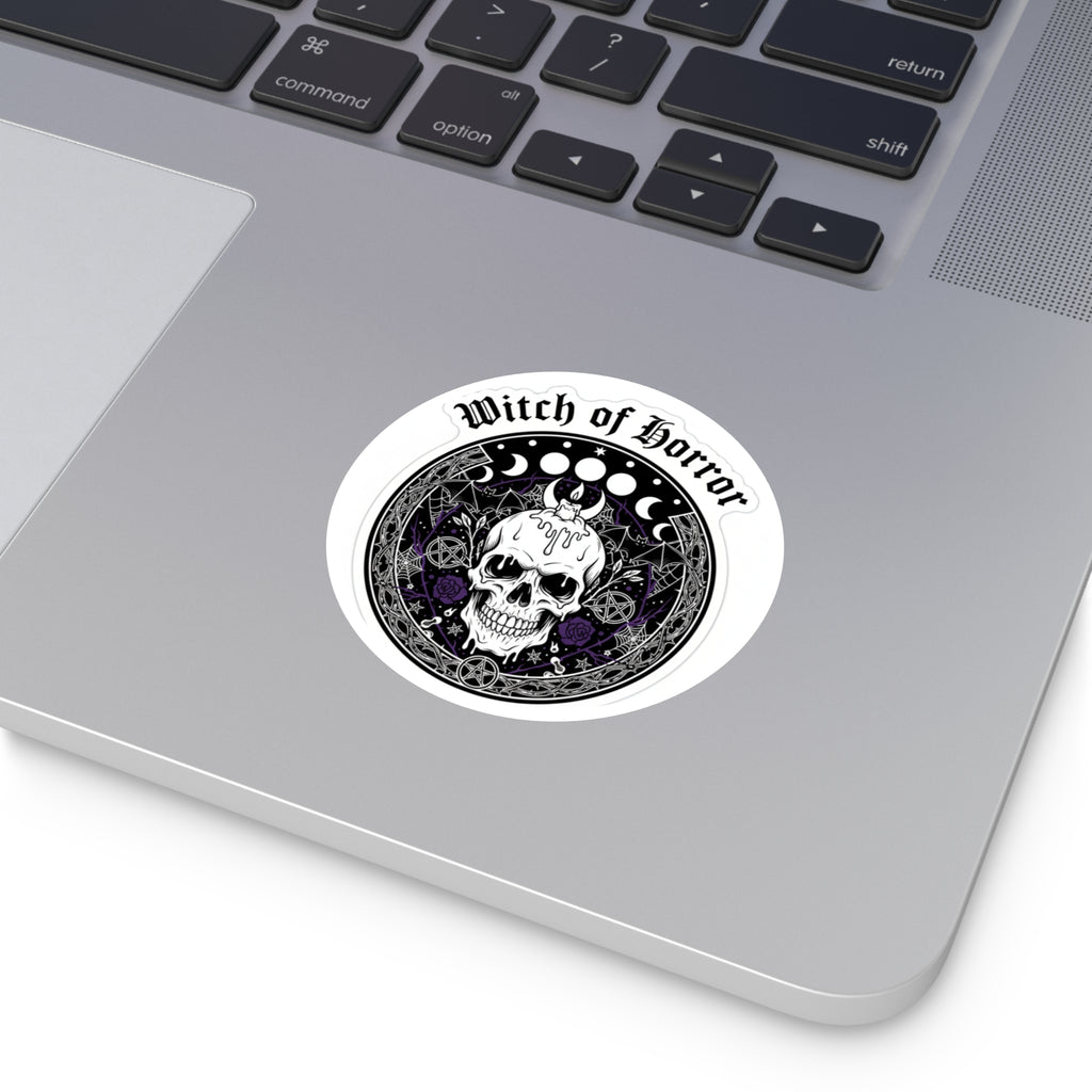 Witch of Horror Round Sticker — Gothic Skull & Moon Phase Design (Indoor/Outdoor)