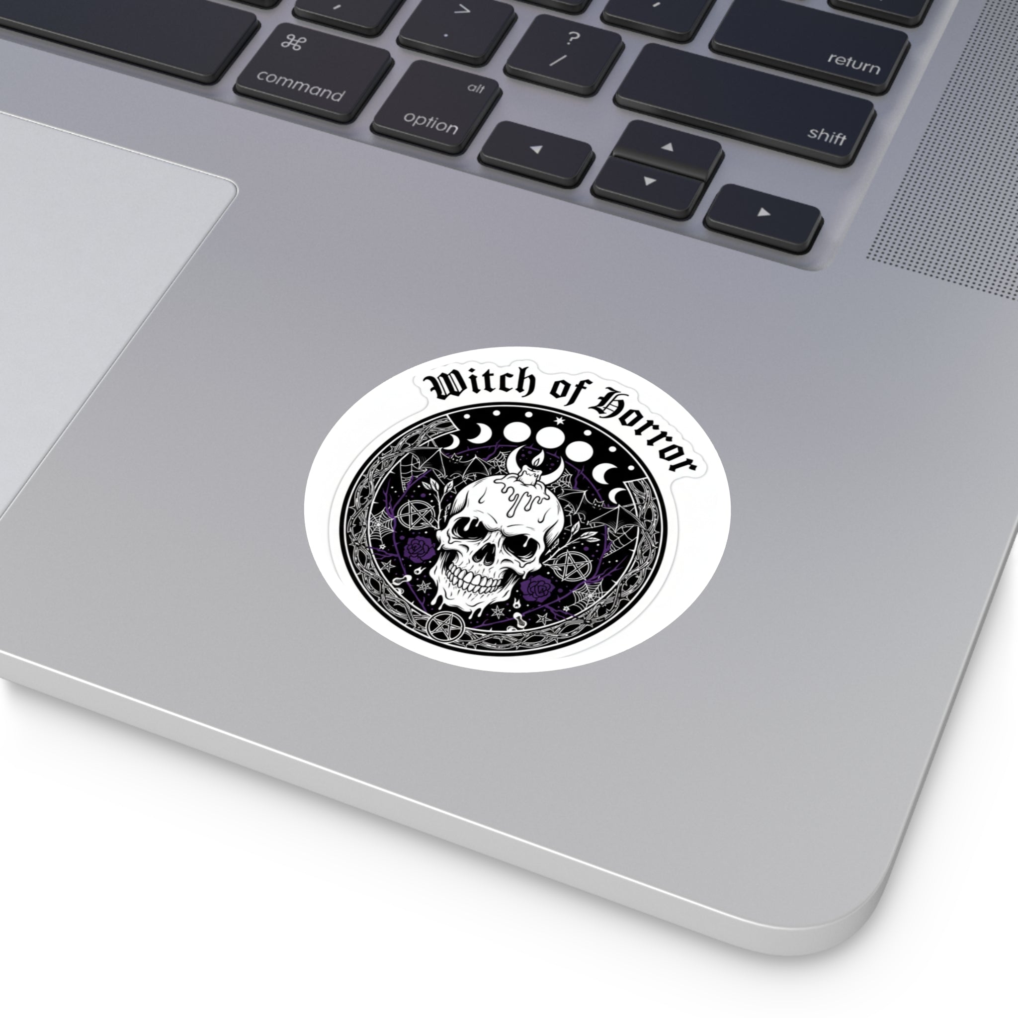 Witch of Horror Round Sticker — Gothic Skull & Moon Phase Design (Indoor/Outdoor)