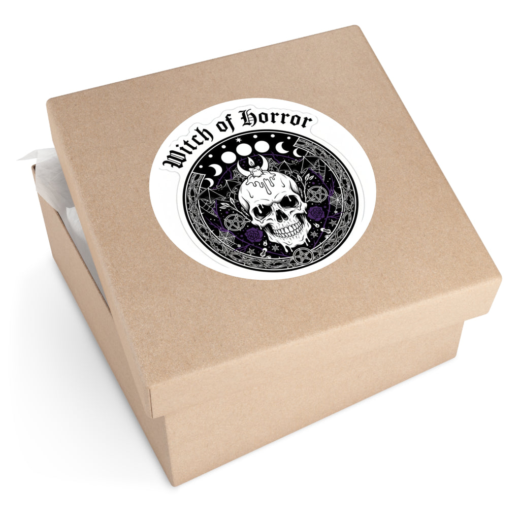 Witch of Horror Round Sticker — Gothic Skull & Moon Phase Design (Indoor/Outdoor)