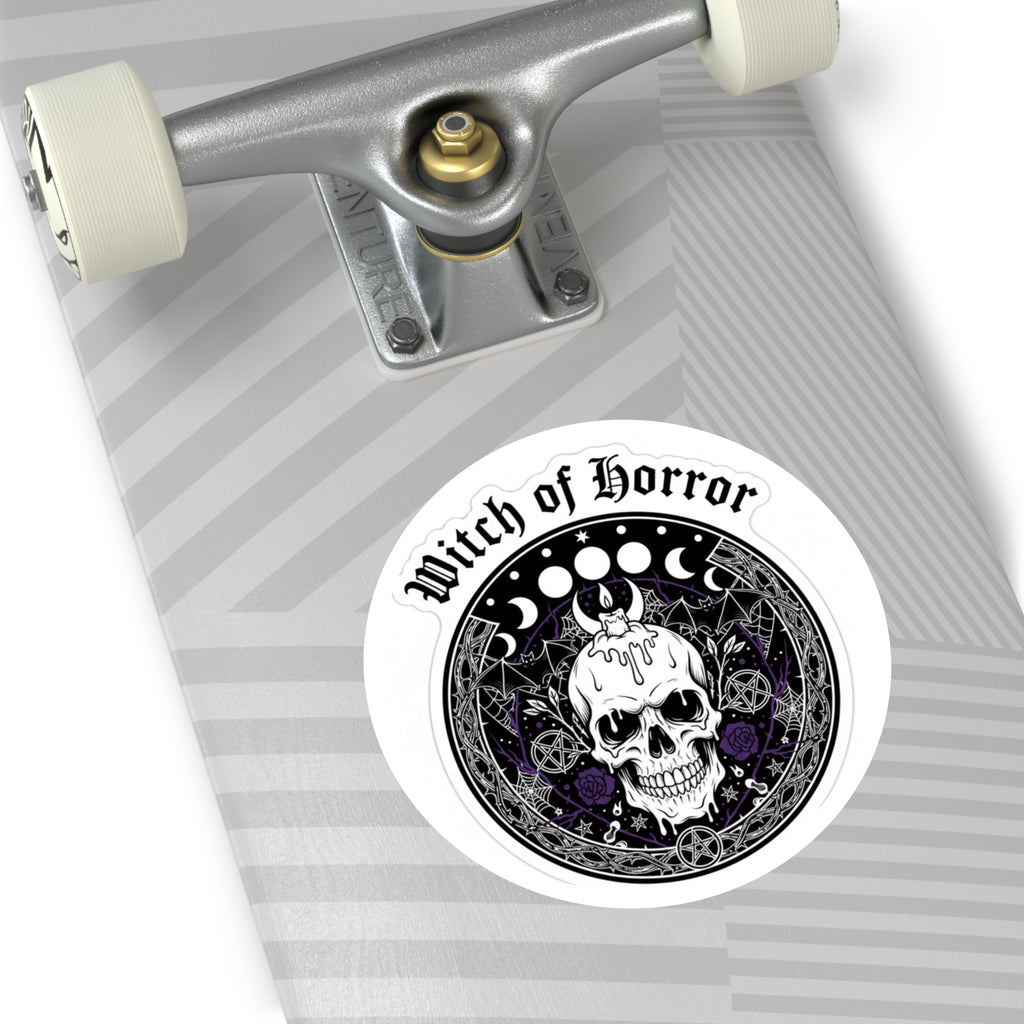 Witch of Horror Round Sticker — Gothic Skull & Moon Phase Design (Indoor/Outdoor)