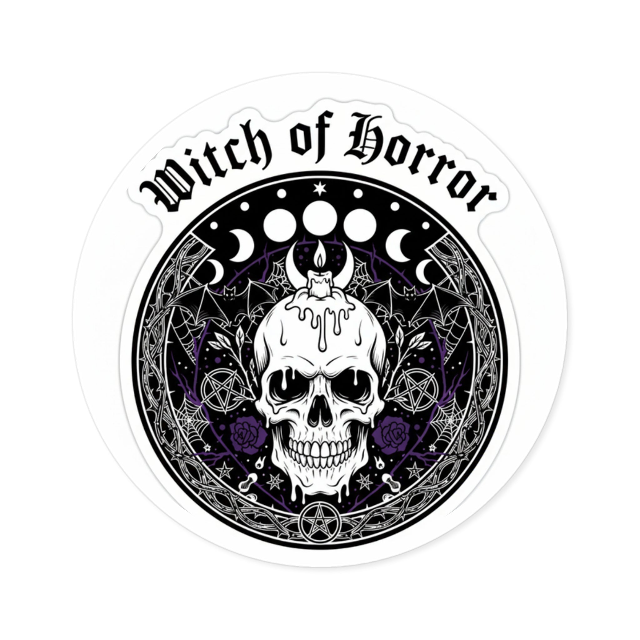 Witch of Horror Round Sticker — Gothic Skull & Moon Phase Design (Indoor/Outdoor)