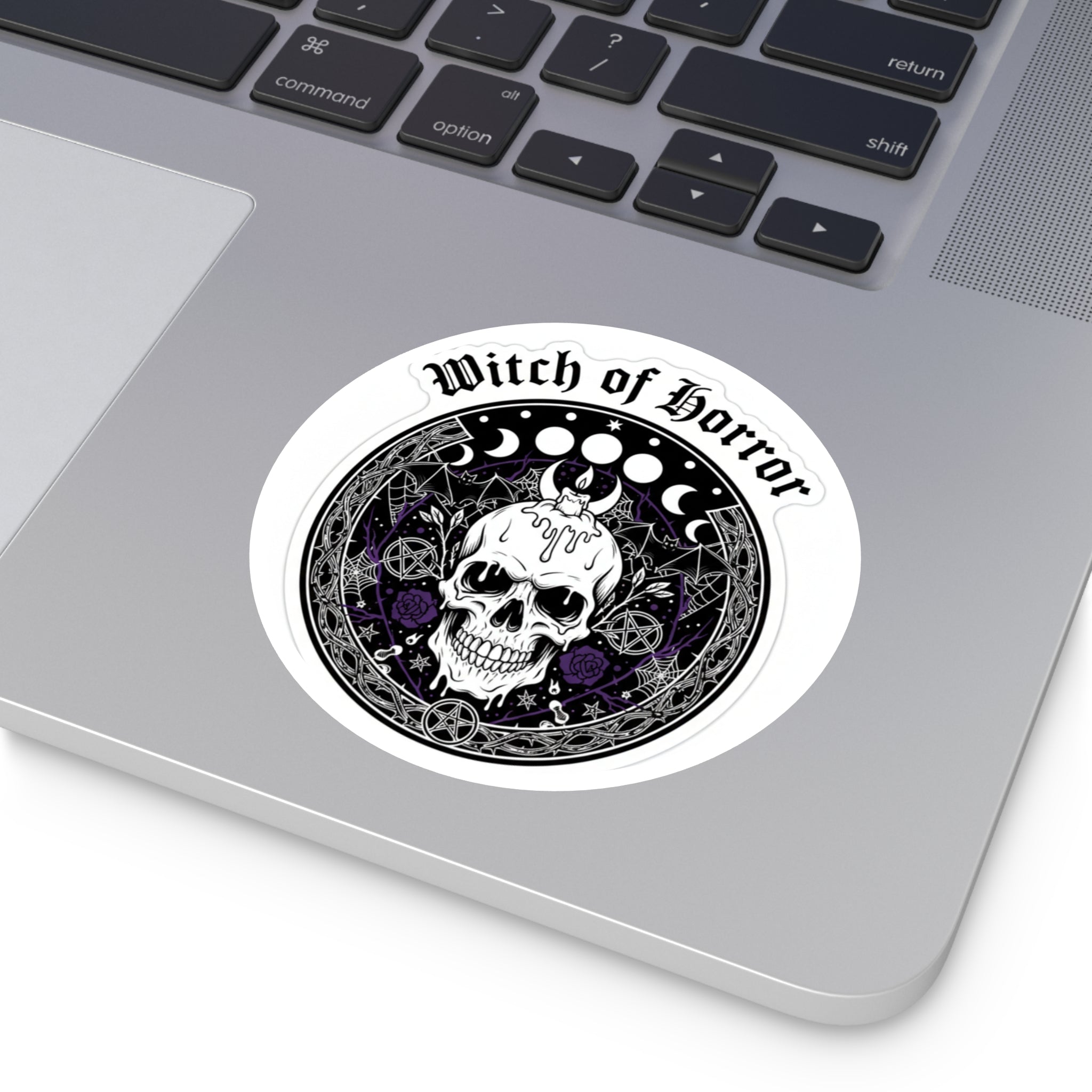 Witch of Horror Round Sticker — Gothic Skull & Moon Phase Design (Indoor/Outdoor)