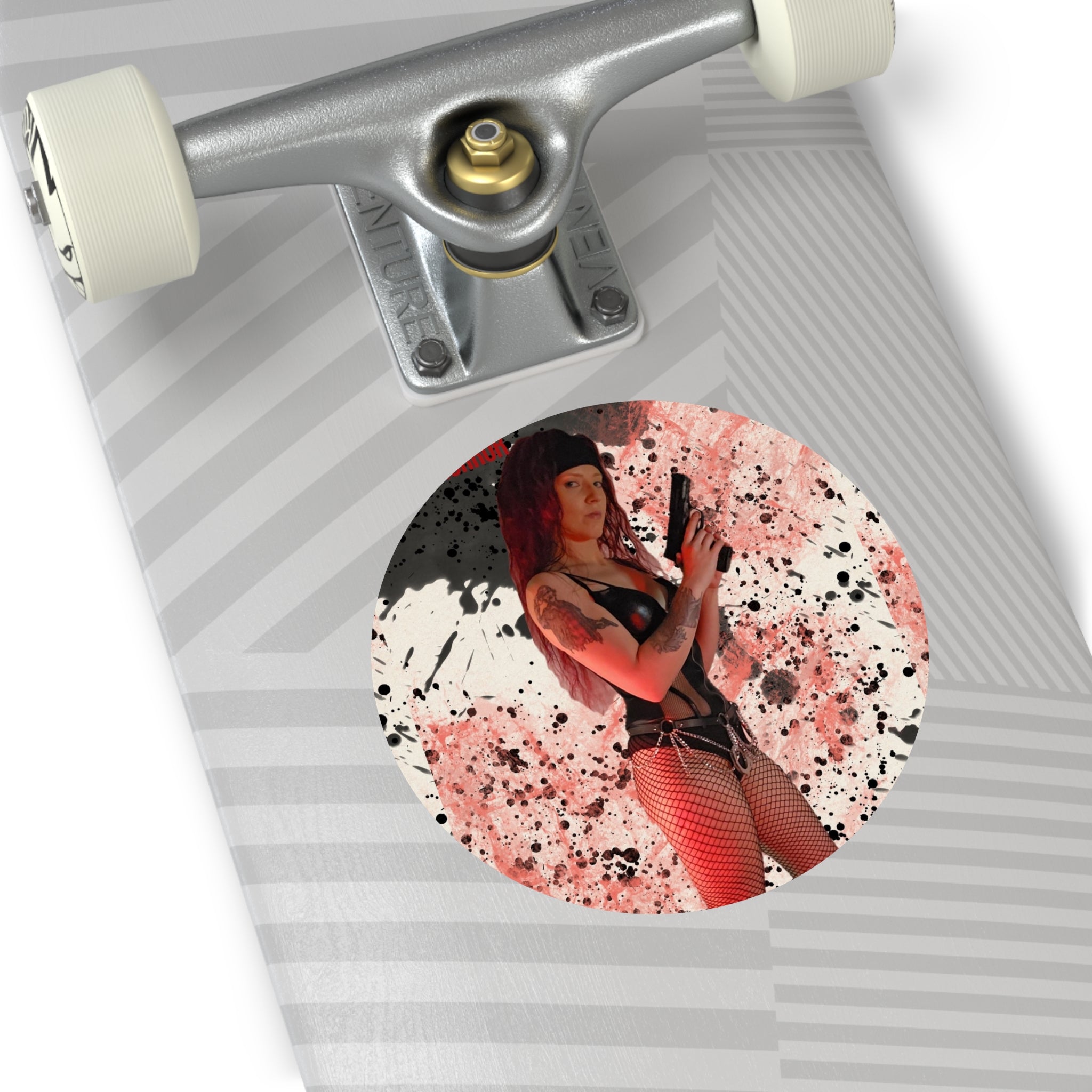 Witch Of Horror Round Vinyl Sticker — Femme Fatale Gun Girl on Splatter Background