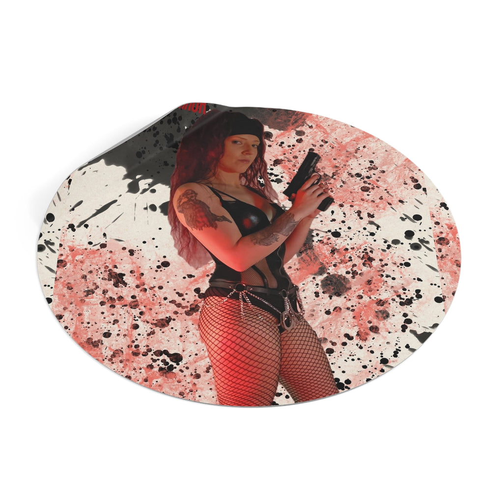 Witch Of Horror Round Vinyl Sticker — Femme Fatale Gun Girl on Splatter Background