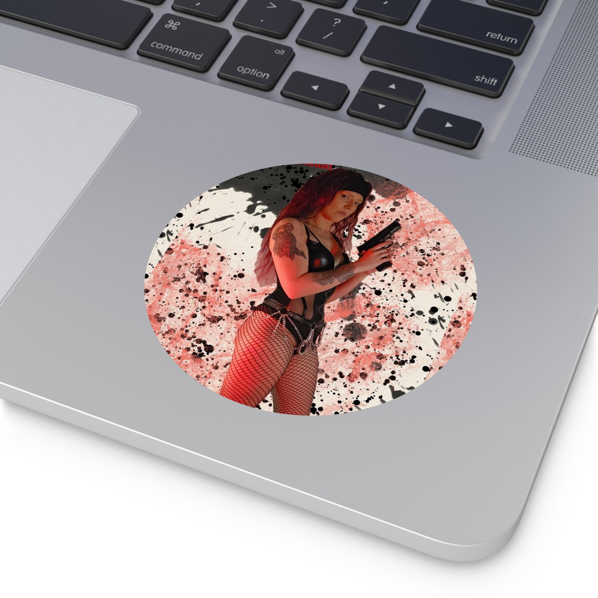 Witch Of Horror Round Vinyl Sticker — Femme Fatale Gun Girl on Splatter Background