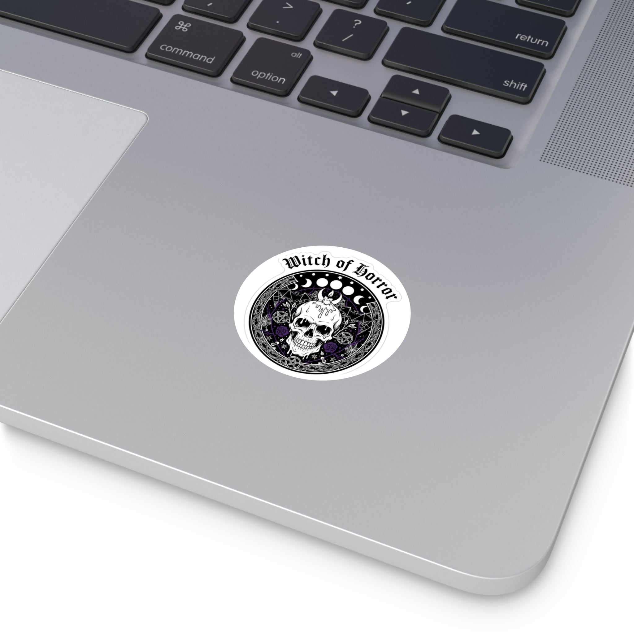 Witch of Horror Round Sticker — Gothic Skull & Moon Phase Design (Indoor/Outdoor)