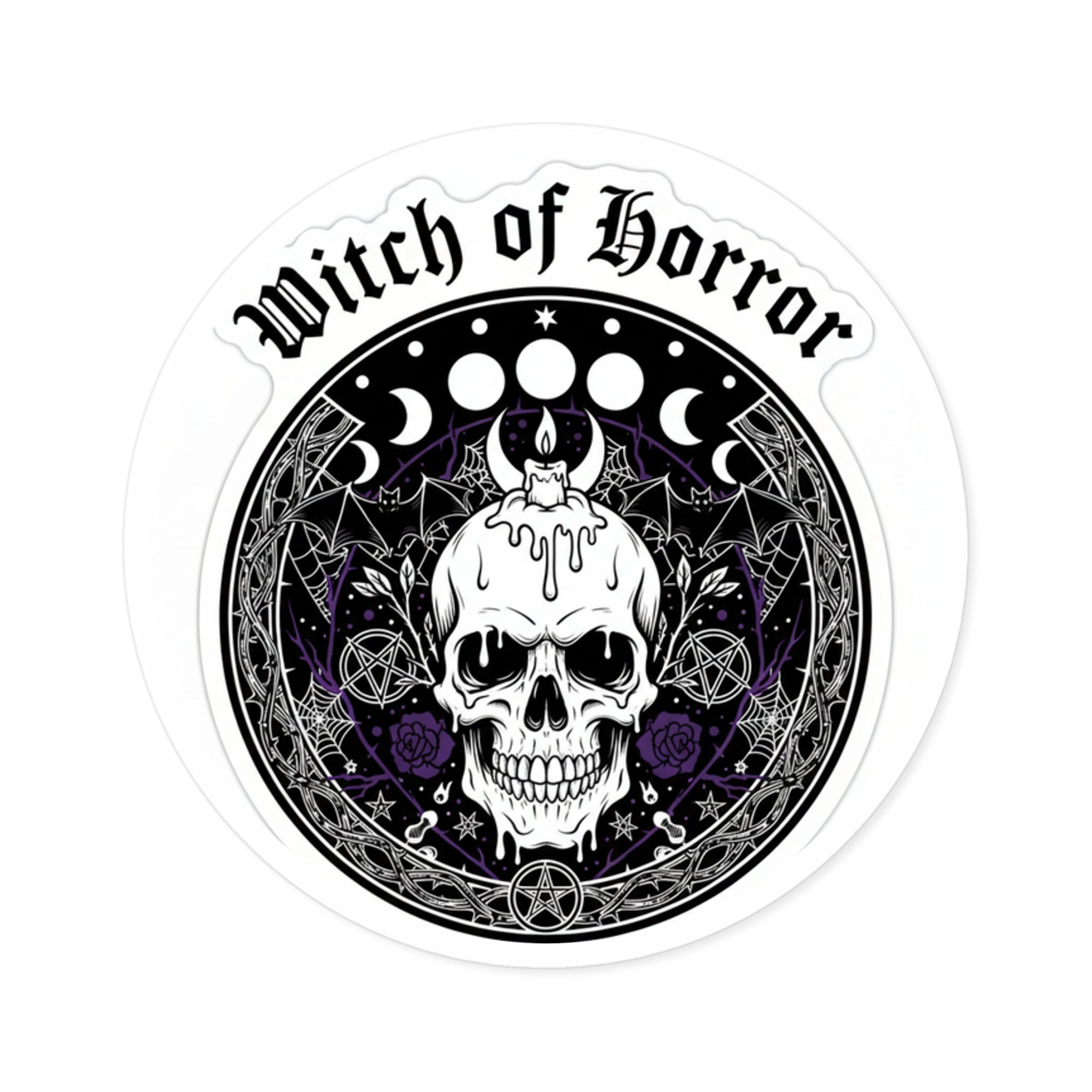 Witch of Horror Round Sticker — Gothic Skull & Moon Phase Design (Indoor/Outdoor)
