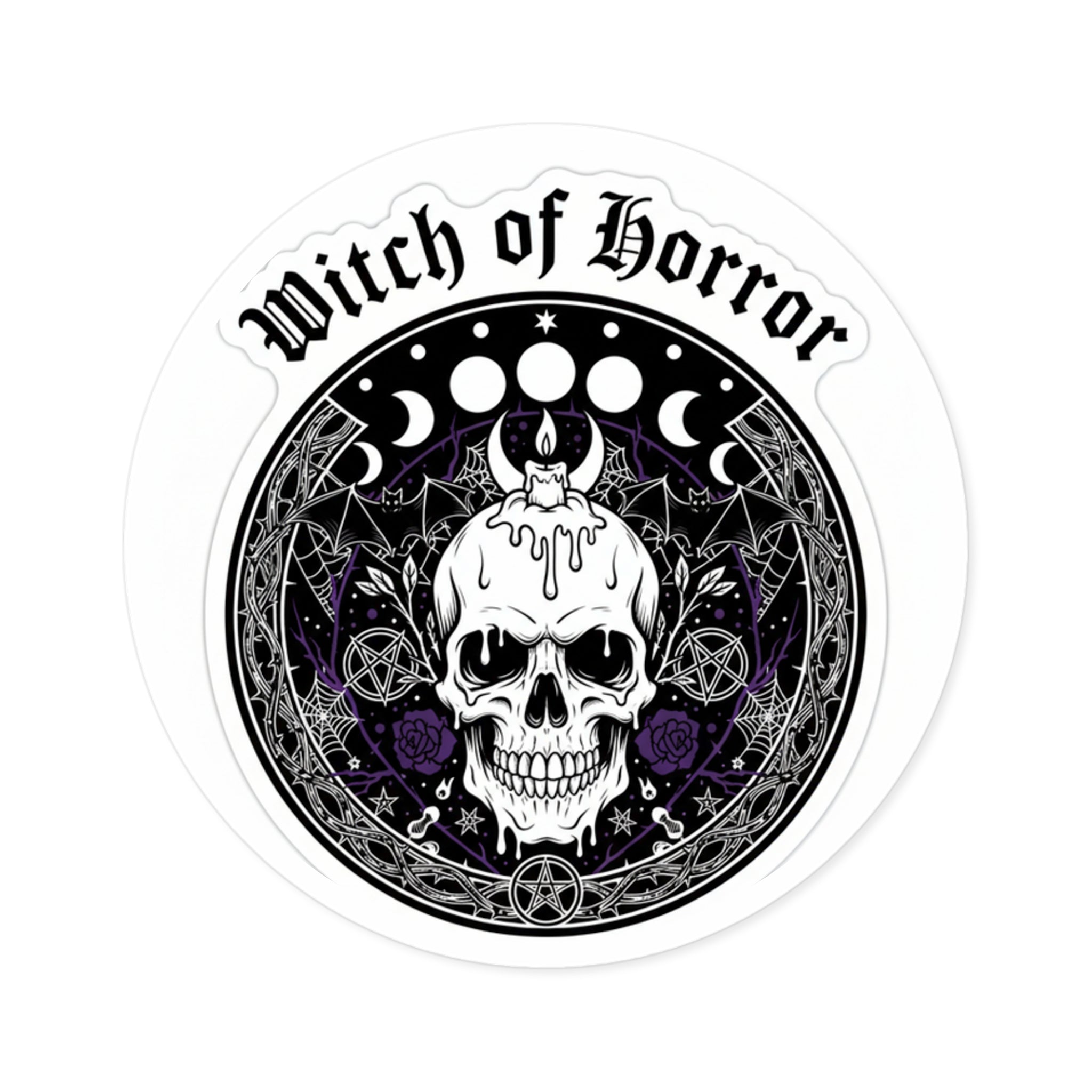 Witch of Horror Round Sticker — Gothic Skull & Moon Phase Design (Indoor/Outdoor)