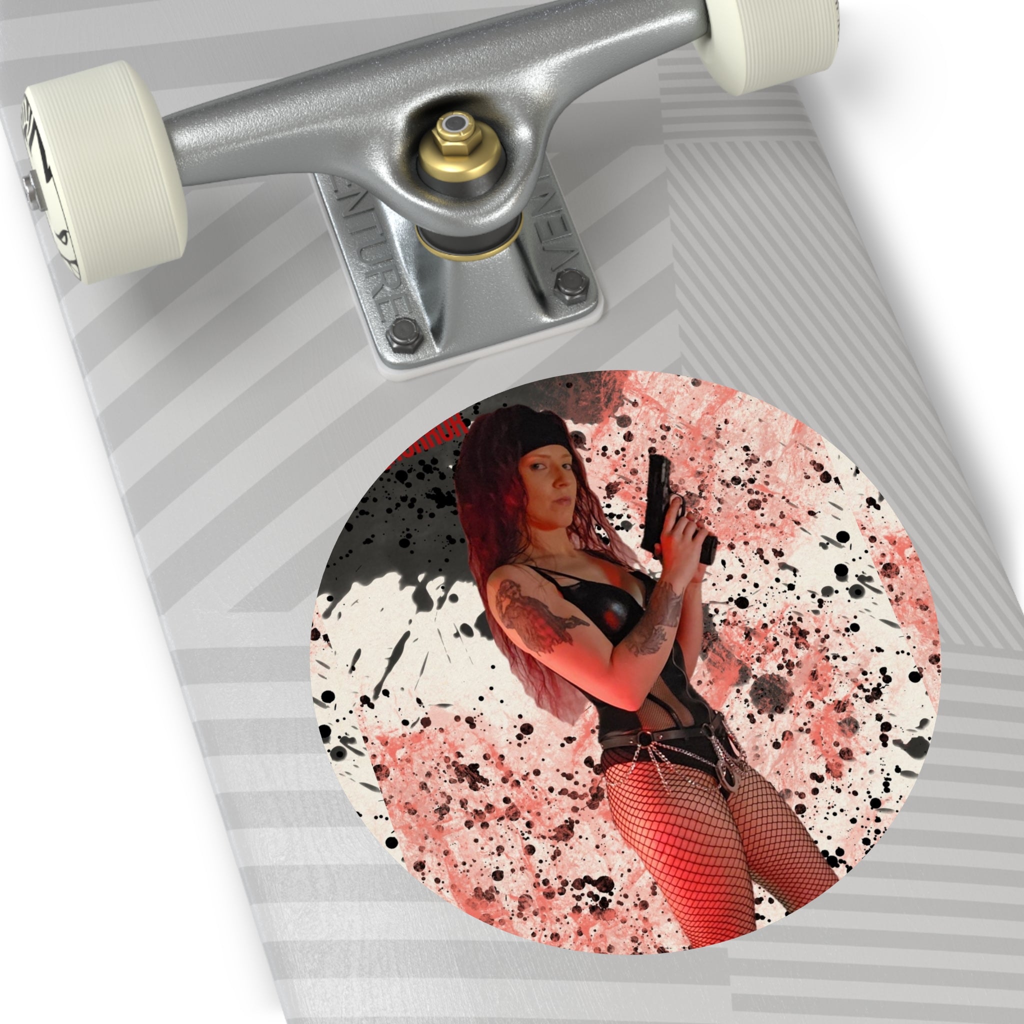 Witch Of Horror Round Vinyl Sticker — Femme Fatale Gun Girl on Splatter Background