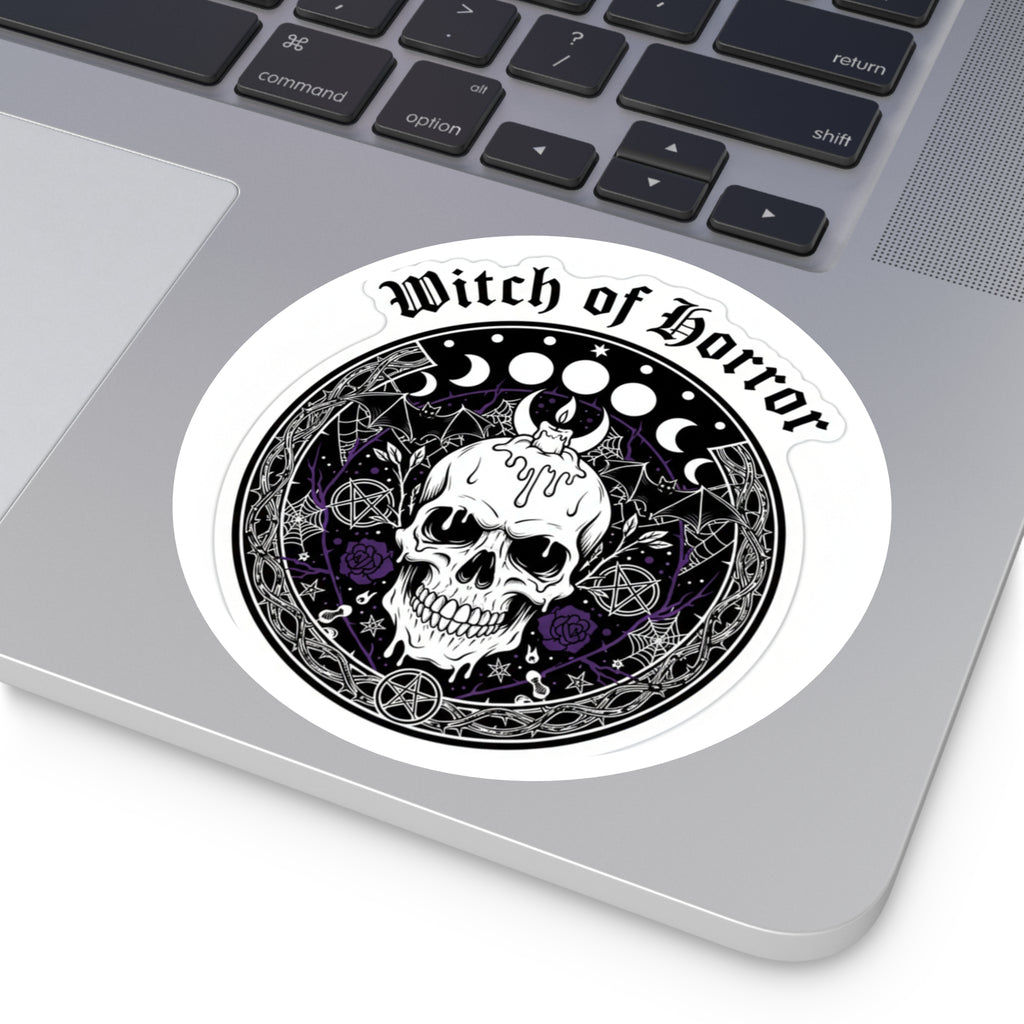 Witch of Horror Round Sticker — Gothic Skull & Moon Phase Design (Indoor/Outdoor)