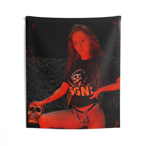 Gothic Red Portrait Tapestry — Skull 'SGN' Dark Aesthetic Wall Art