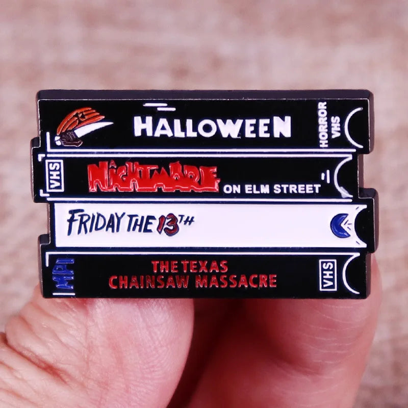 Horror VHS Enamel Pins Classic Halloween Movies Brooches Lapel Badges Unisex