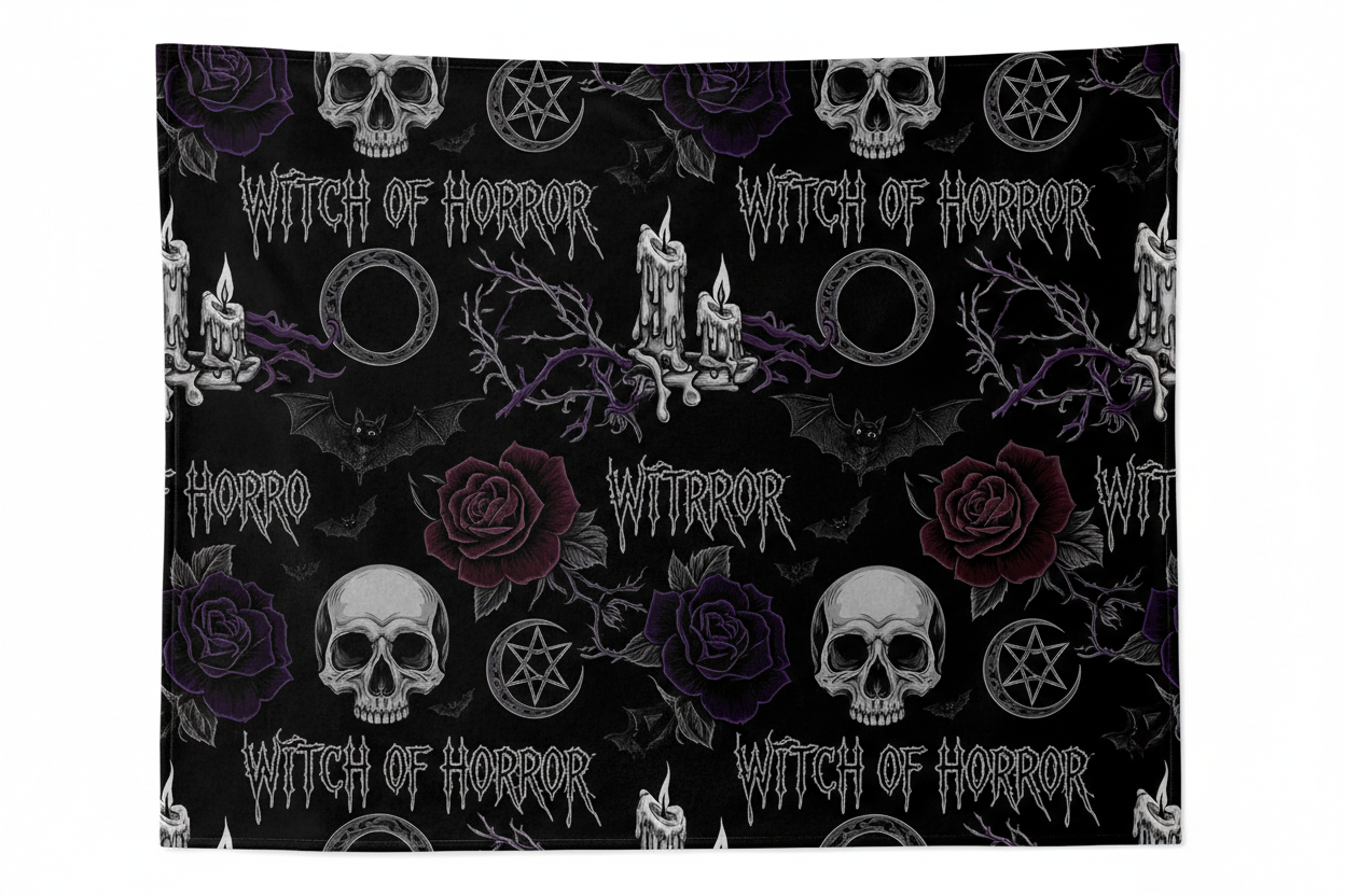 Witch of Horror Gothic Pattern blanket — skulls, moons, pentagrams repeat pattern