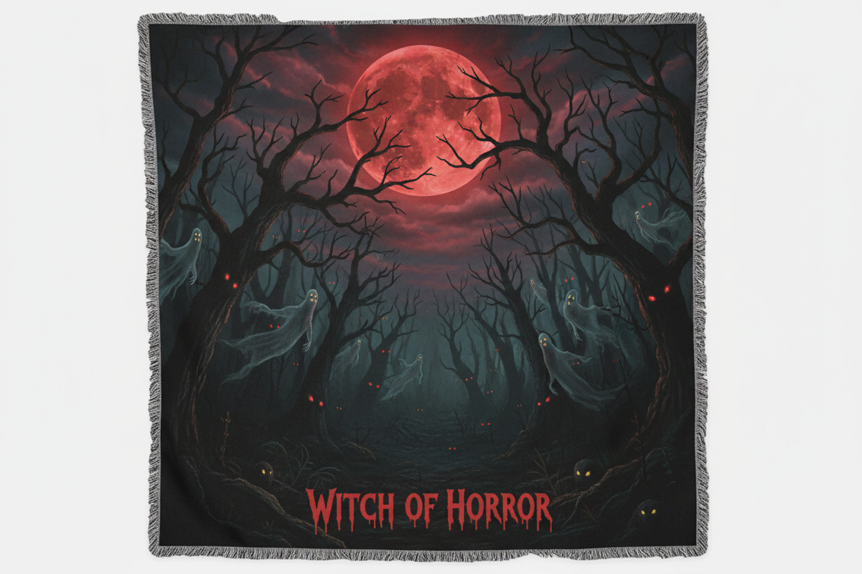 Witch of Horror Haunted Forest blanket — blood moon, twisted trees and glowing eyes