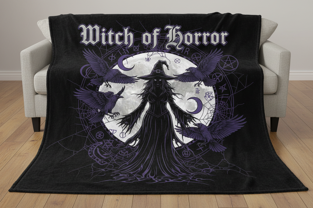 Witch of Horror Witch Silhouette blanket — dramatic witch with full moon and ravens
